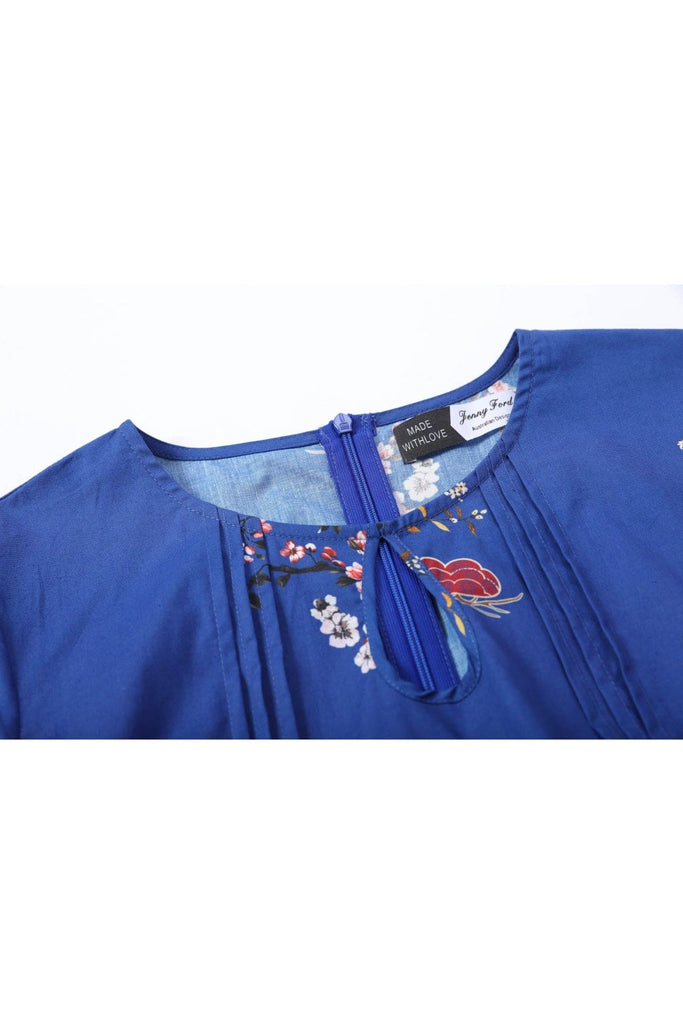 Beautiful Blue Keyhole Short Sleeve Crane & Blossom A Line Cotton Vintage Dress with Pockets