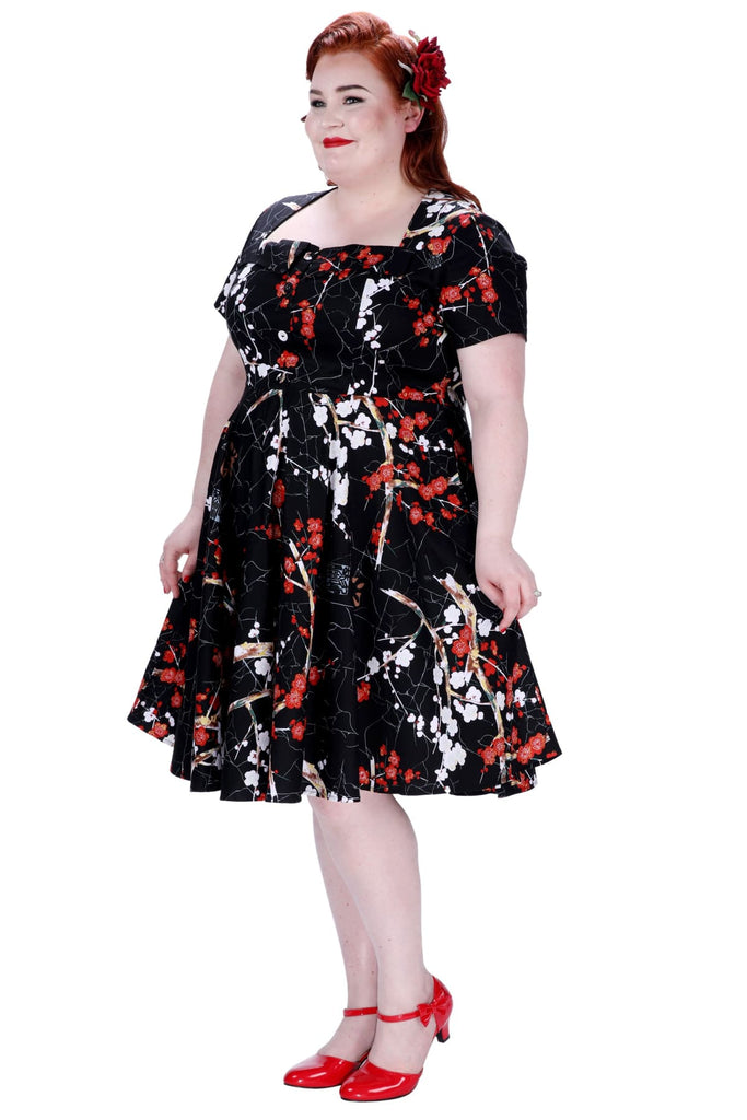 Black with Red and White Blossom Folded Collar A Line Dress with Pockets