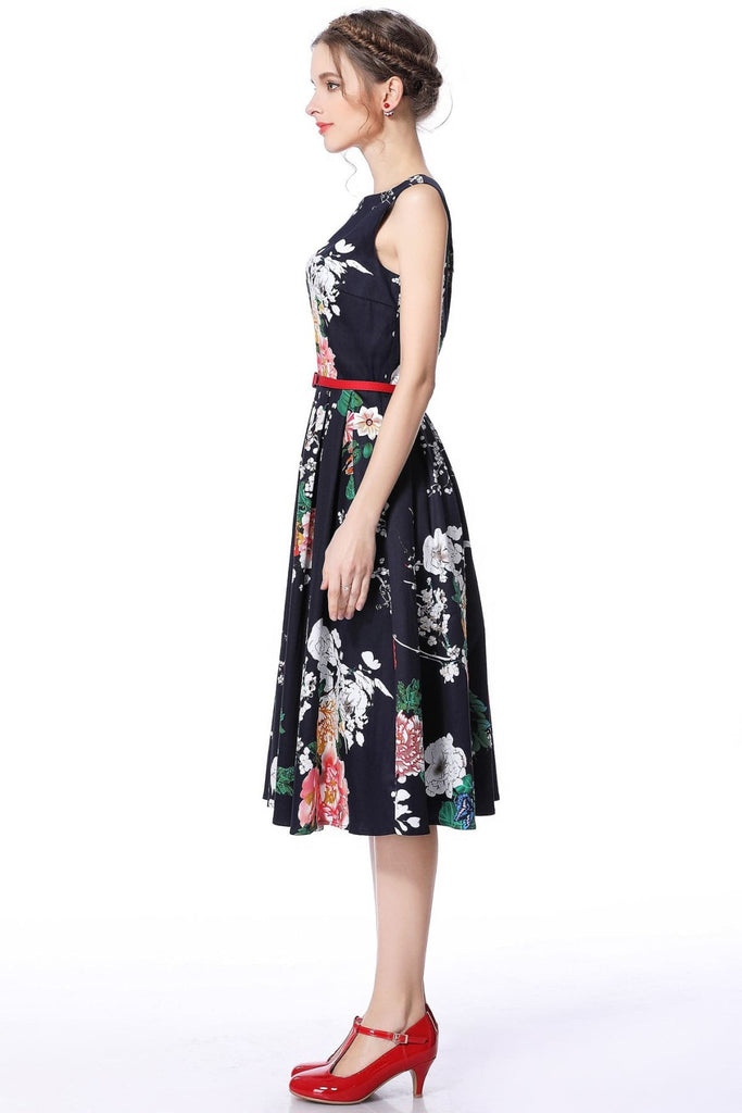 Boat Neck Navy Peony Garden Cotton Vintage Dress