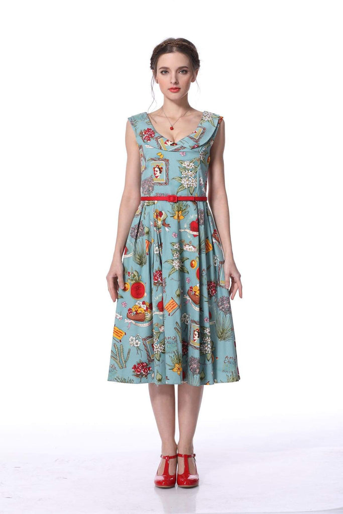 Cross Neck Frida Print Vintage Swing Dress