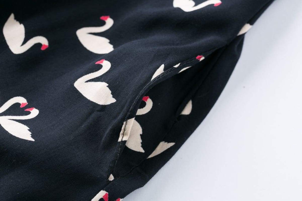 Dark Navy Swan Print Collared Cotton Rayon Vintage Dress