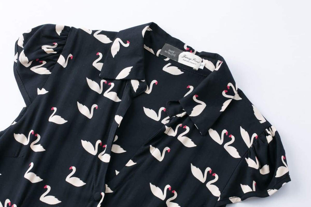 Dark Navy Swan Print Collared Cotton Rayon Vintage Dress