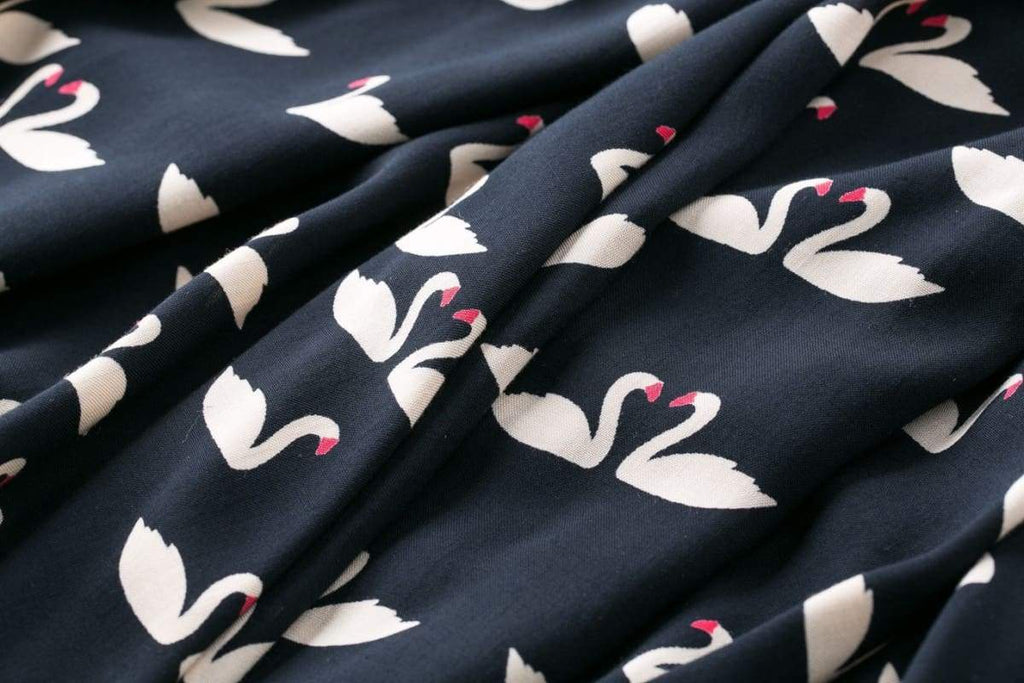 Dark Navy Swan Print Collared Cotton Rayon Vintage Dress