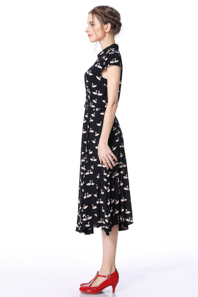 Dark Navy Swan Print Collared Cotton Rayon Vintage Dress