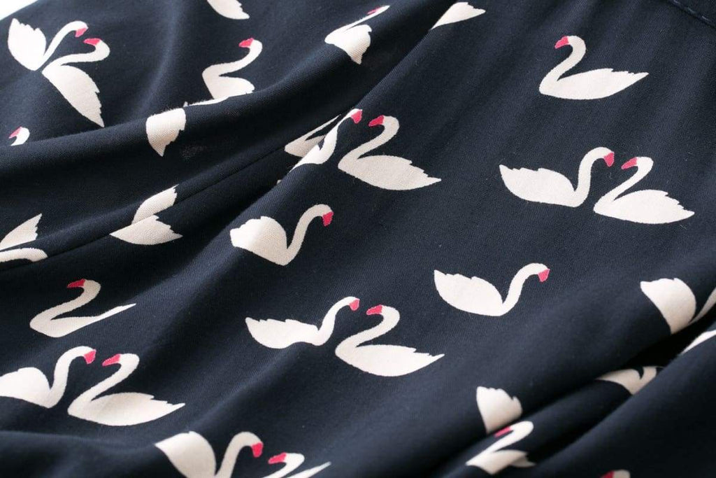 Dark Navy Swan Print Collared Cotton Rayon Vintage Dress