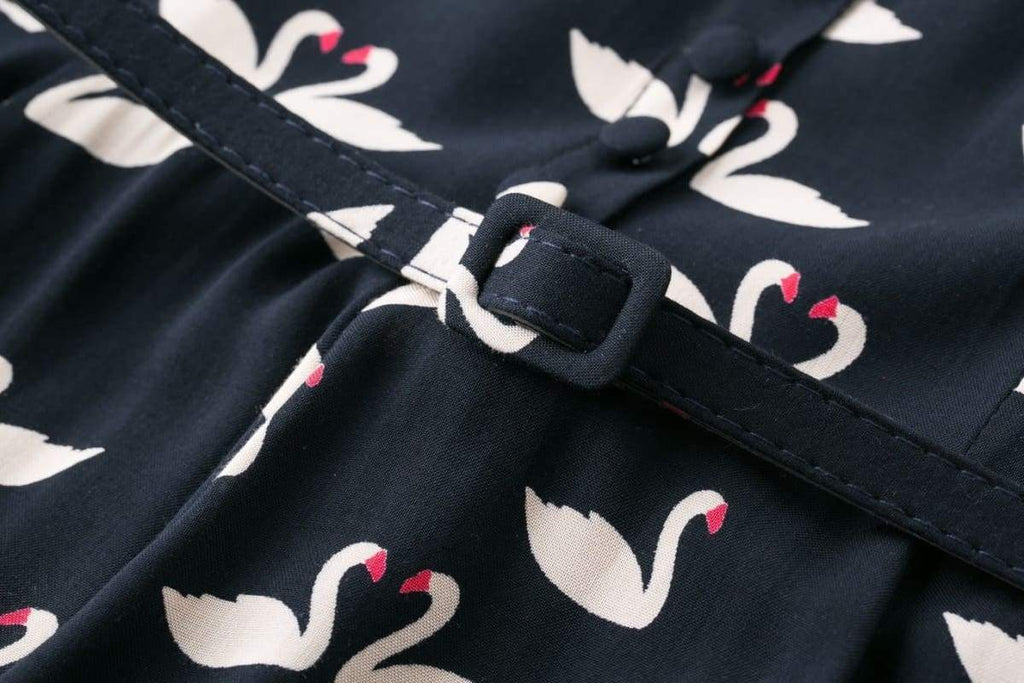 Dark Navy Swan Print Collared Cotton Rayon Vintage Dress