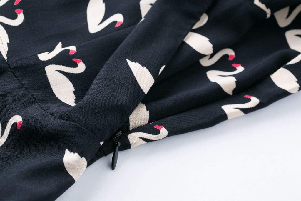 Dark Navy Swan Print Collared Cotton Rayon Vintage Dress