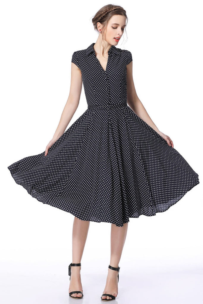 Dark Navy White Polka Dot Vintage Dress