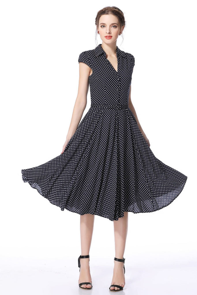 Dark Navy White Polka Dot Vintage Dress