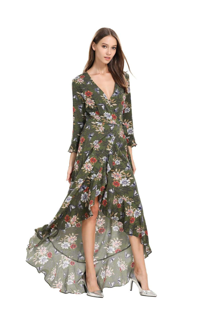 Khaki Green Daisy and Butterfly Maxi Wrap Dress