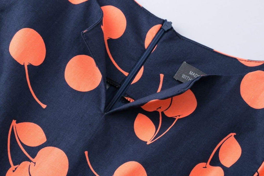 Navy Orange Cherry V Neck Vintage Swing Dress