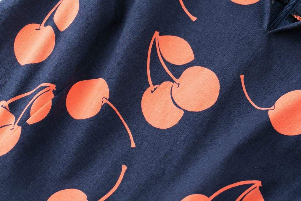 Navy Orange Cherry V Neck Vintage Swing Dress