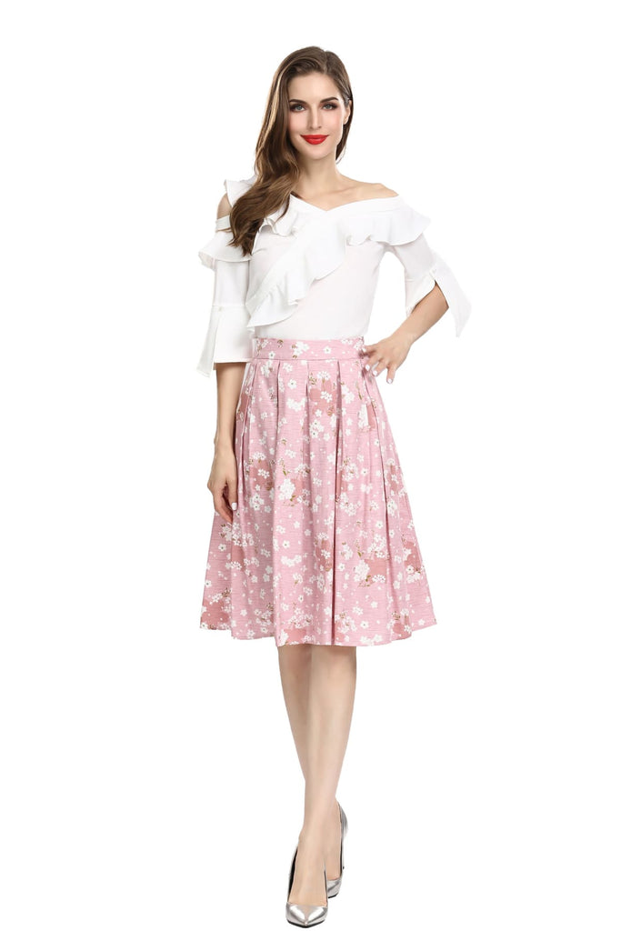 Pretty in Pink Box Pleated Cherry Blossom Skirt with Pockets